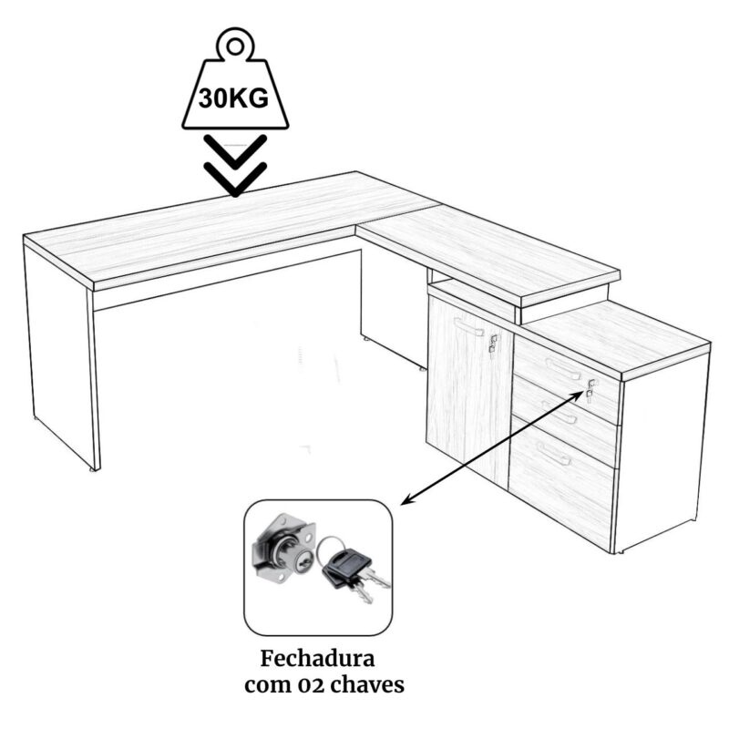 Mesa Escritório em “L” – 1,50×1,50m (Extensível) – com Armário Misto (03 Gav.) NOGAL/SEVILHA – 20603 Magazine Office 3