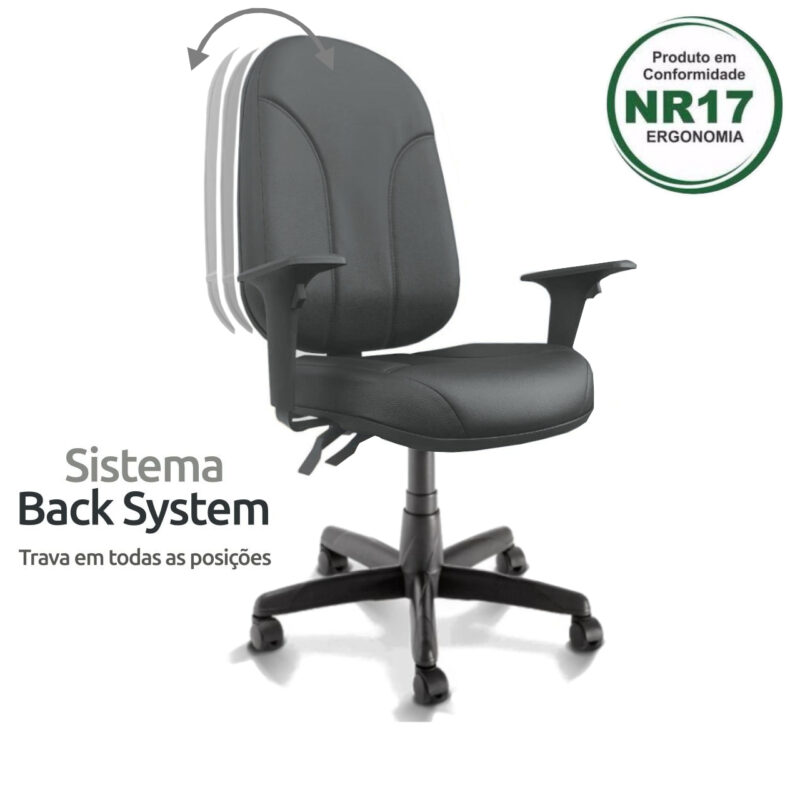 Cadeira Presidente PLUS BACK SYSTEM Baixa Costurada c/ Braços Reguláveis – Corino Preto 32974 Magazine Office 3