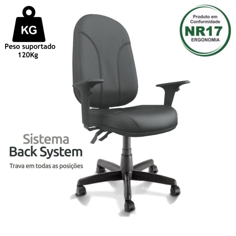 Cadeira Presidente PLUS BACK SYSTEM Baixa Costurada c/ Braços Reguláveis – Corino Preto 32974 Magazine Office 4