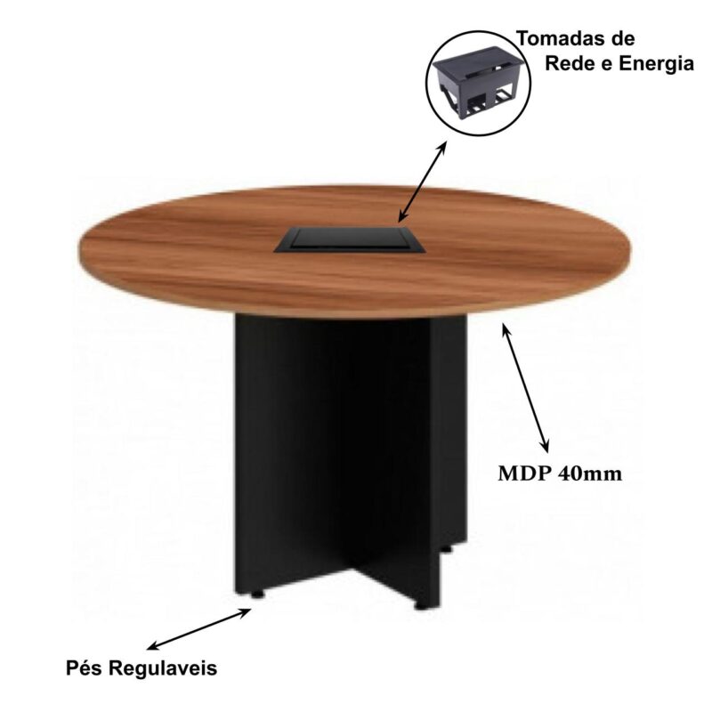 Mesa de Reunião Redonda c/ Caixa de Tomadas -1,10×1,10×0,74m – NOGAL SEVILHA / PRETO – 21418 Magazine Office 3