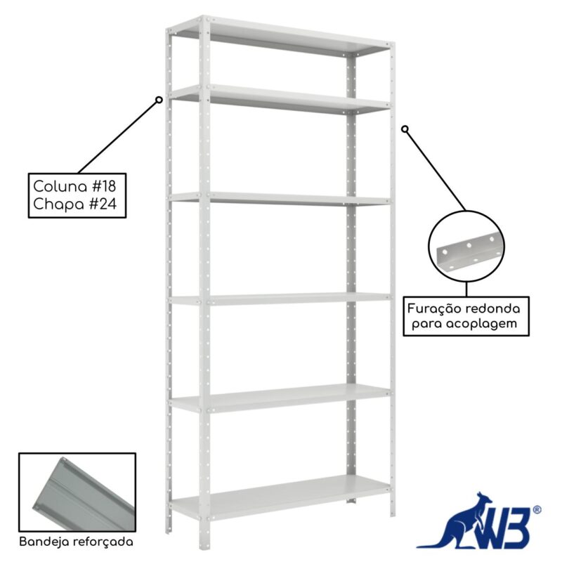 Estante de Aço com 06 Bandejas 30 cm (24/18) – 1,98×0,92×0,30m – Cinza – W3 – 16007 Magazine Office 6