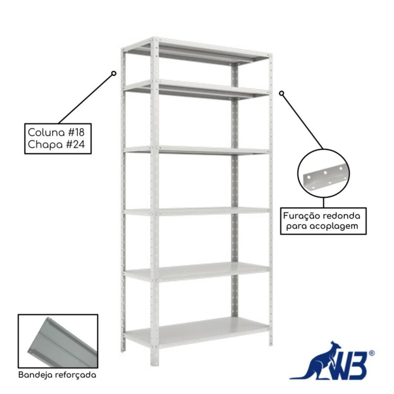 Estante de Aço com 06 Bandejas 42 cm (24/18) – 1,98×0,92×0,42m – W3 -16004 Magazine Office 3