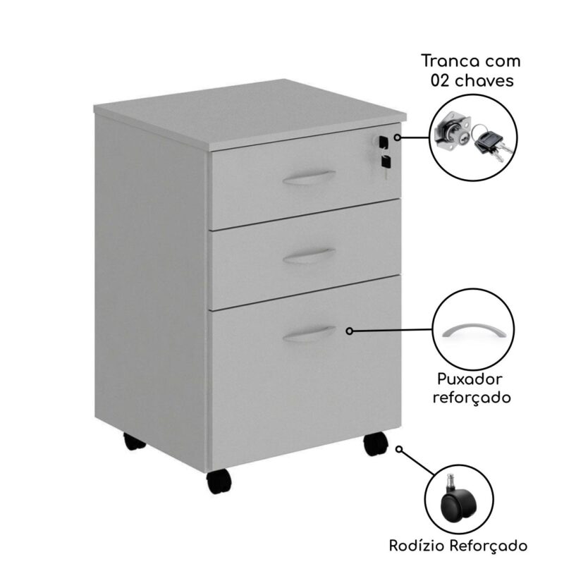 Gaveteiro Volante 03 Gav. 0,67×0,46×0,40m – Cor Cinza 21210 Magazine Office 4