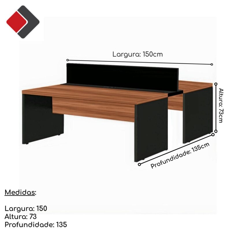 Estação de Trabalho Dupla 1,50×1,35m 02 Lugares s/ Gavetas c/ ponto de tomada Nogal Sevilha – 63087 Magazine Office 3