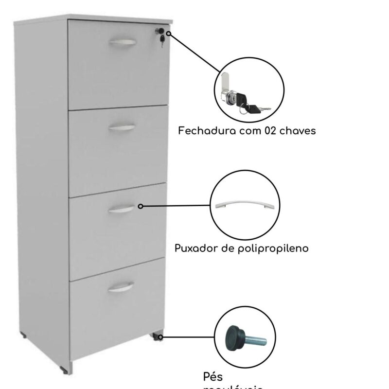 Arquivo 04 Gavetas Pasta Suspensa – MDP – 1,32×0,46×0,42m CINZA/CINZA – 21211 Magazine Office 4