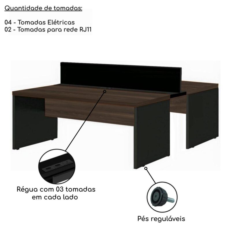 Estação de Trabalho Dupla 1,20×1,35m 02 Lugares S/ Gavetas c/ ponto de tomada MARSALA/PRETO – 63089 Magazine Office 5