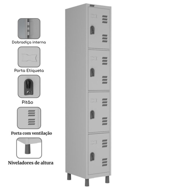 Roupeiro LOCKER de Aço c/ 04 Portas Pequenas – 1,90×0,32×0,40m – W3 – CZ/CZ 11016 Magazine Office 3