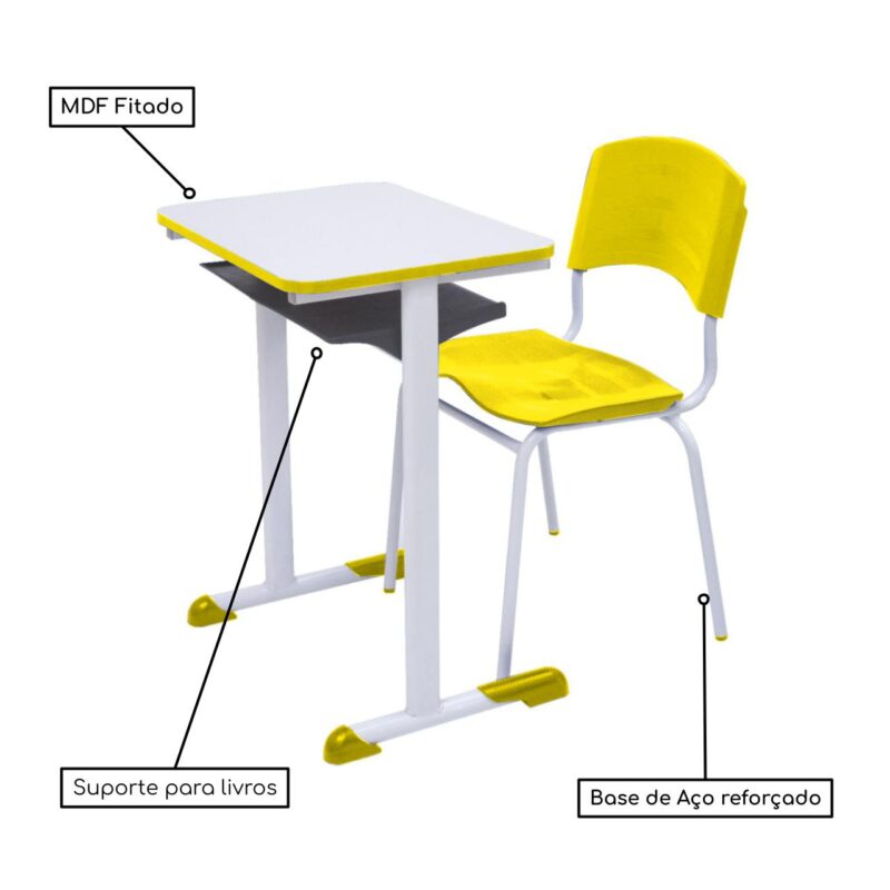 Kit Escolar Individual AMARELO – (Mesa e Cadeira) – ADULTO – MADEIRA – COR AMARELO – 40098 Magazine Office 4