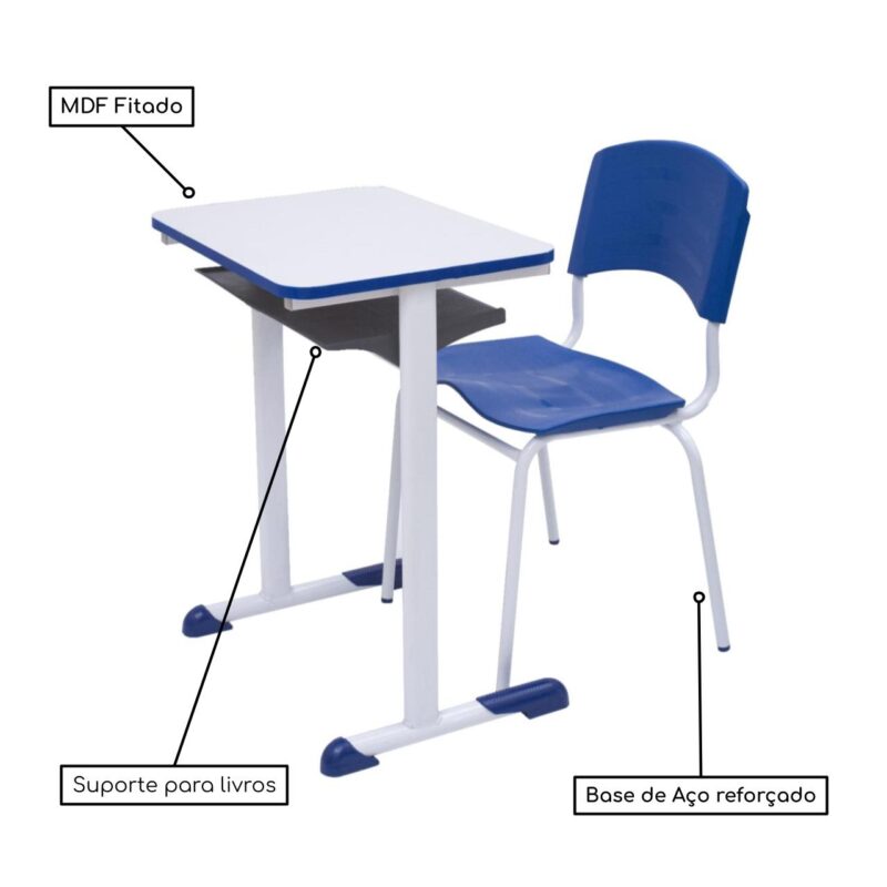 Kit Escolar Individual AZUL – (Mesa e Cadeira) – ADULTO – MADEIRA – COR AZUL – 40095 Magazine Office 4