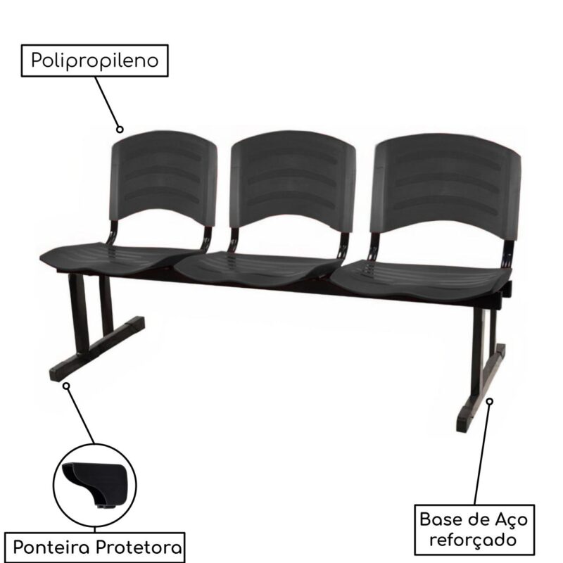 Kit 10 Cadeiras Longarinas PLÁSTICA 03 Lugares – Cor PRETO 33039 Magazine Office 4