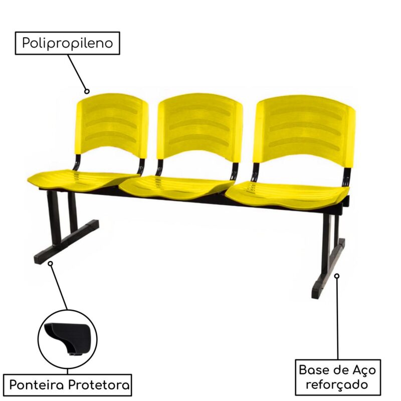 Kit 05 Cadeiras Longarinas PLÁSTICAS 03 Lugares – Cor Amarelo 33080 Magazine Office 4