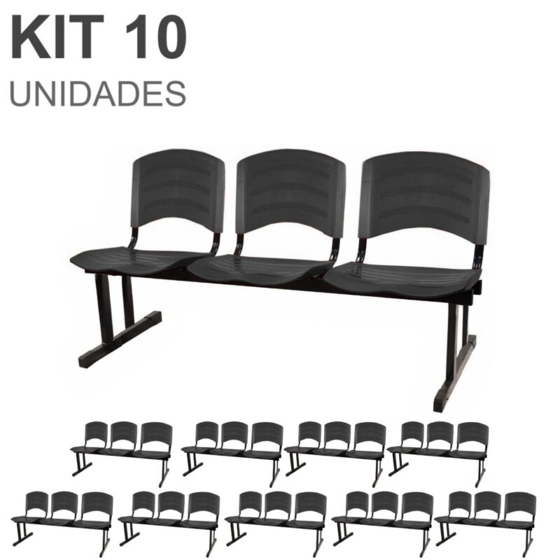 Kit 10 Cadeiras Longarinas PLÁSTICA 03 Lugares – Cor PRETO 33039 Magazine Office 2