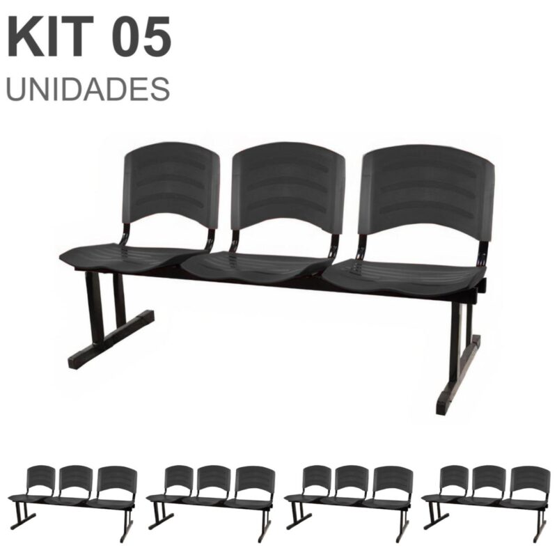 Kit 05 Cadeiras Longarinas PLÁSTICA 03 Lugares – Cor PRETO 33034 Magazine Office 2