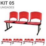 Kit 05 Cadeiras Longarinas PLÁSTICAS 03 Lugares – Cor Vermelho 33043 Magazine Office 7