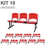 Kit 10 Cadeiras Longarinas PLÁSTICAS 03 Lugares – Cor Vermelho 33048 Magazine Office 7