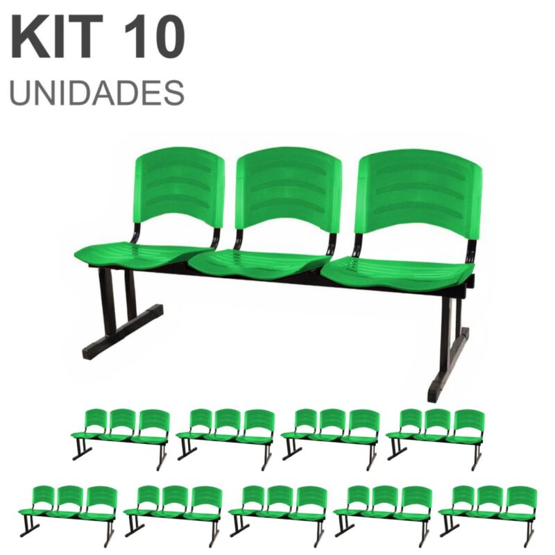 Kit 10 Cadeiras Longarinas PLÁSTICAS 03 Lugares – Cor Verde 33066 Magazine Office 2