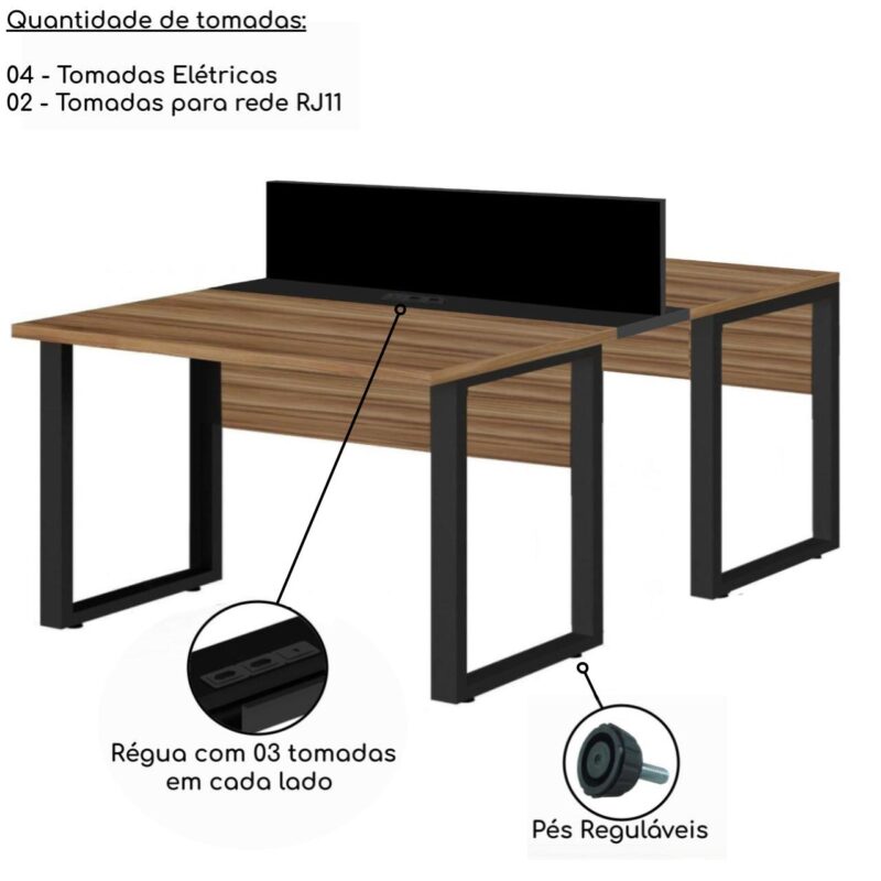 Mesa Estação de Trabalho Dupla 1,50×1,35m 02 Lugares s/ Gavetas c/ ponto de tomada PÉ QUADRO – Cor Nogal Sevilha – 63098 Magazine Office 4