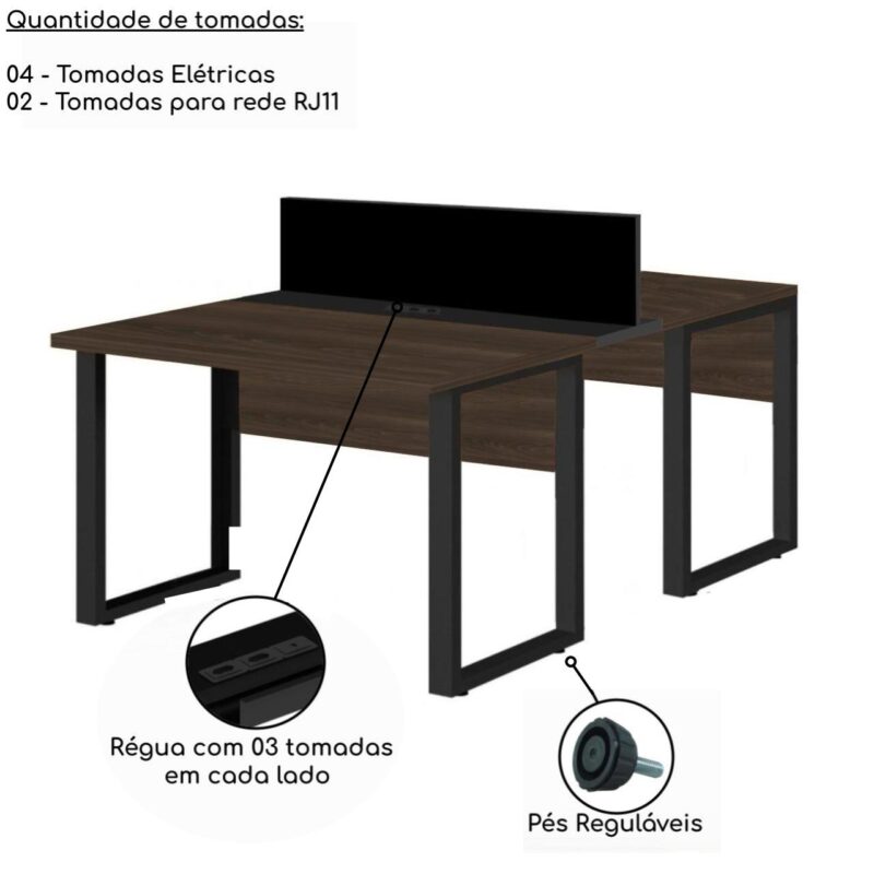 Estação de Trabalho Dupla 1,20×1,35m 02 Lugares S/ Gavetas c/ ponto de tomada PÉ QUADRO MARSALA/PRETO – 64000 Magazine Office 3