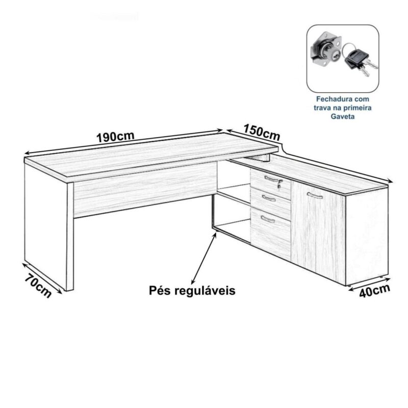 Mesa Diretorzinha c/ vidro c/ Aparador – Pé de MADEIRA – 1,90×1,50m – WORKSTART – MARSALA/PRETO – 23428 Magazine Office 3