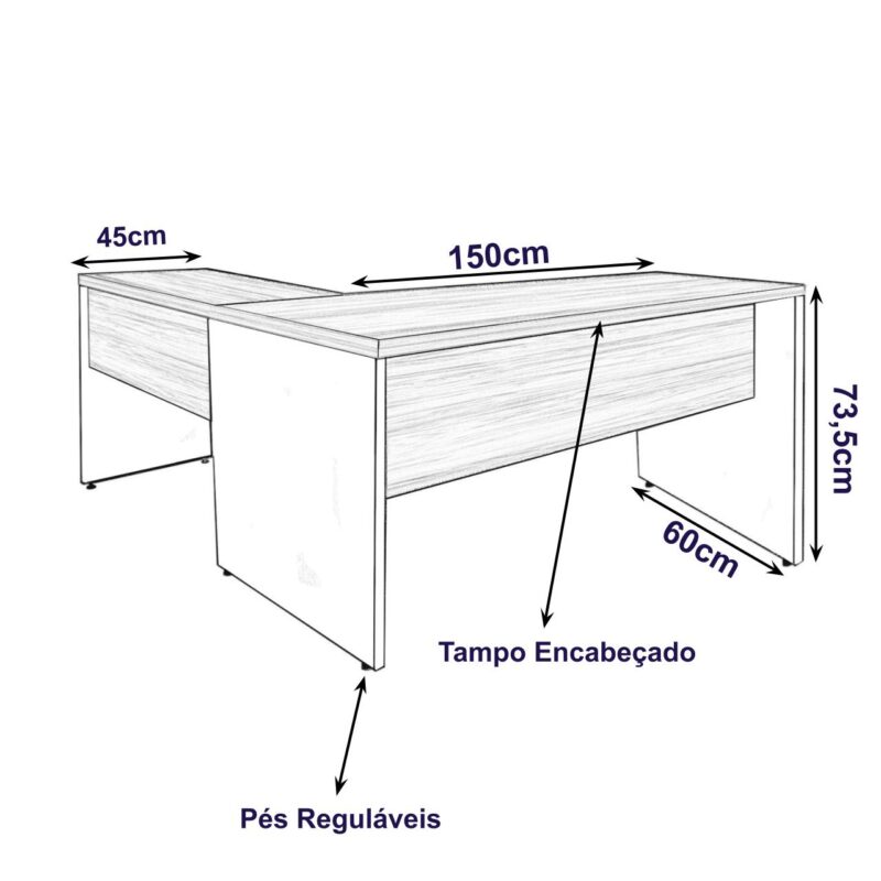 Mesa de Escritório em L (Mesa 1,50m + Mesa Auxiliar) – Sem Gavetas NOGAL SEVILHA/PRETO – 21476 Magazine Office 3