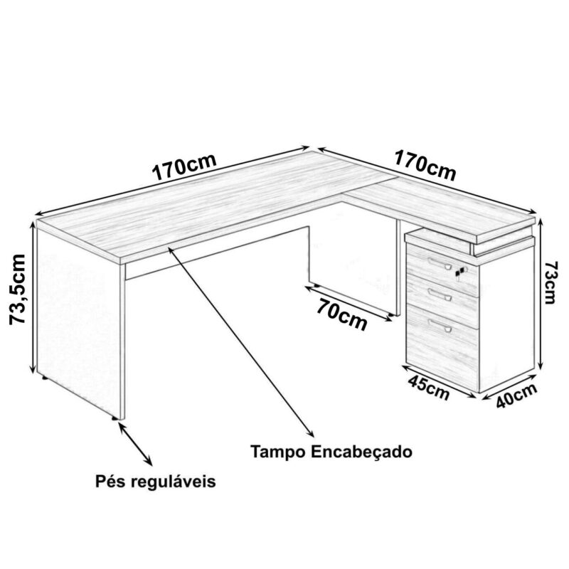 Mesa Escritório em “L” c/ Gaveteiro 1,70×1,60m NOGAL SEVILHA/PRETO – 21423 Magazine Office 4