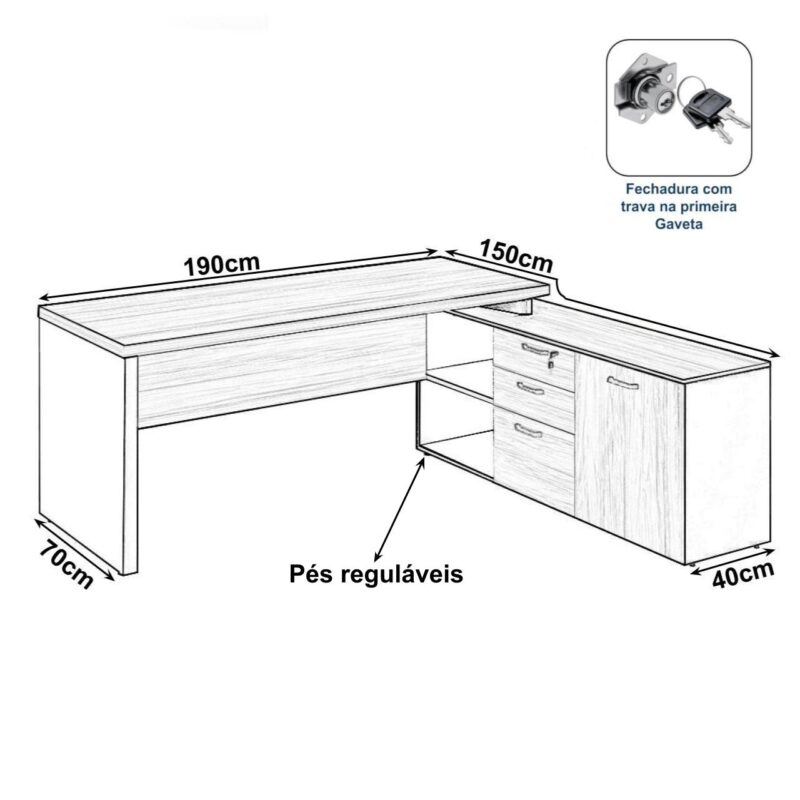 Mesa Diretorzinha c/ Aparador – Pé de MADEIRA – 1,90×1,50mNOGAL SEVILHA / PRETO – 21426 . Magazine Office 3