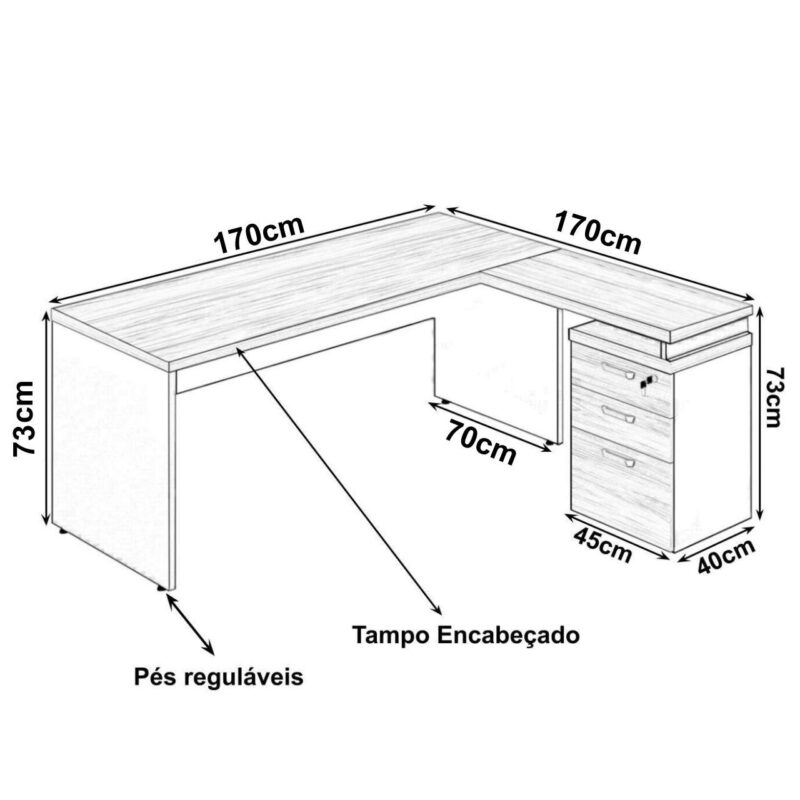 Mesa Escritório em “L” c/ Gaveteiro 1,70×1,60m Marsala/Preto – 23481 Magazine Office 3